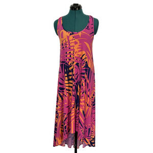 Tori Richard Maxi Dress Tropical Palm High Low XS Pink Orange Hawaiian Resort